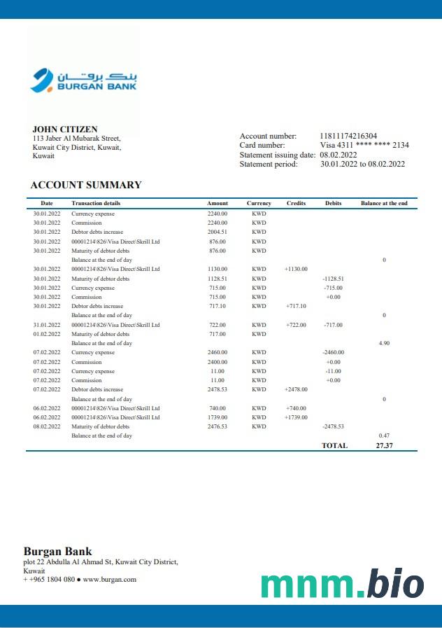 Kuwait Burgan Bank statement xls